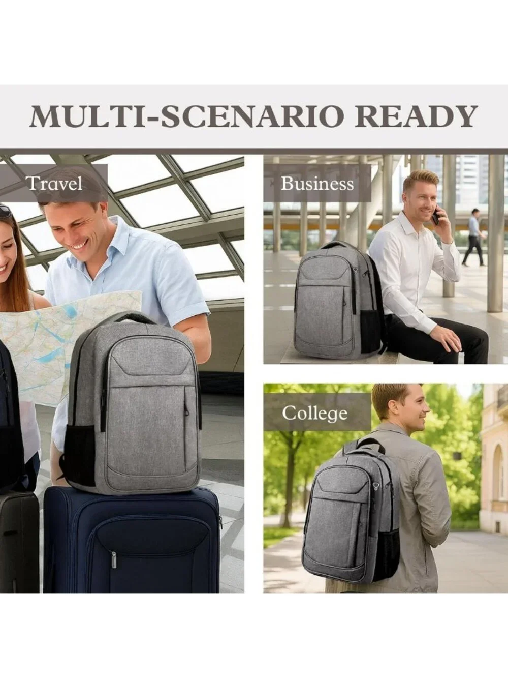 Water Resistant Travel Backpack, Slim Laptop Daypack for College & Work, Grey
